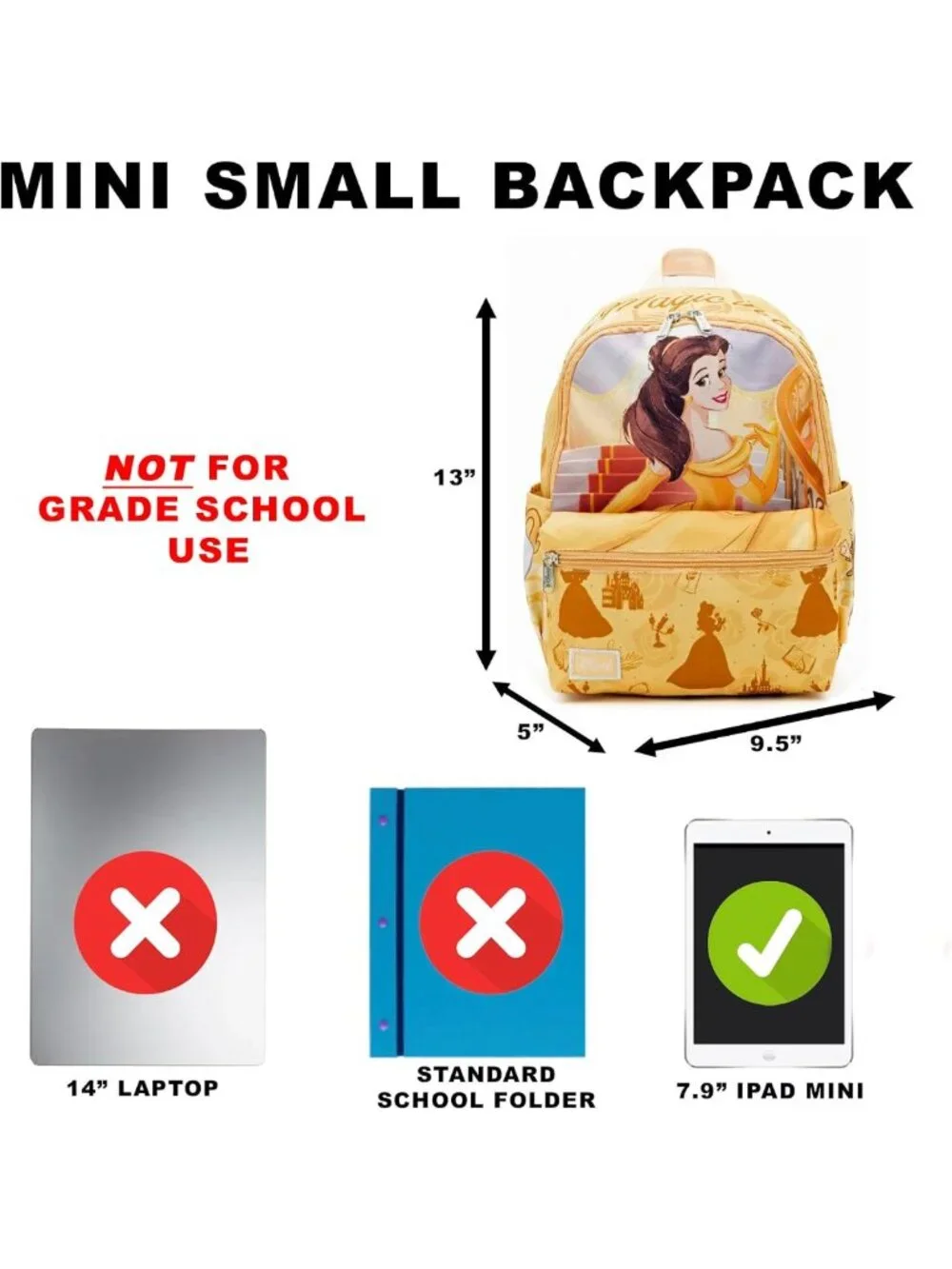Beauty and the Beast Belle Mini Nylon Daypack - 13” Cute Backpack for Kids